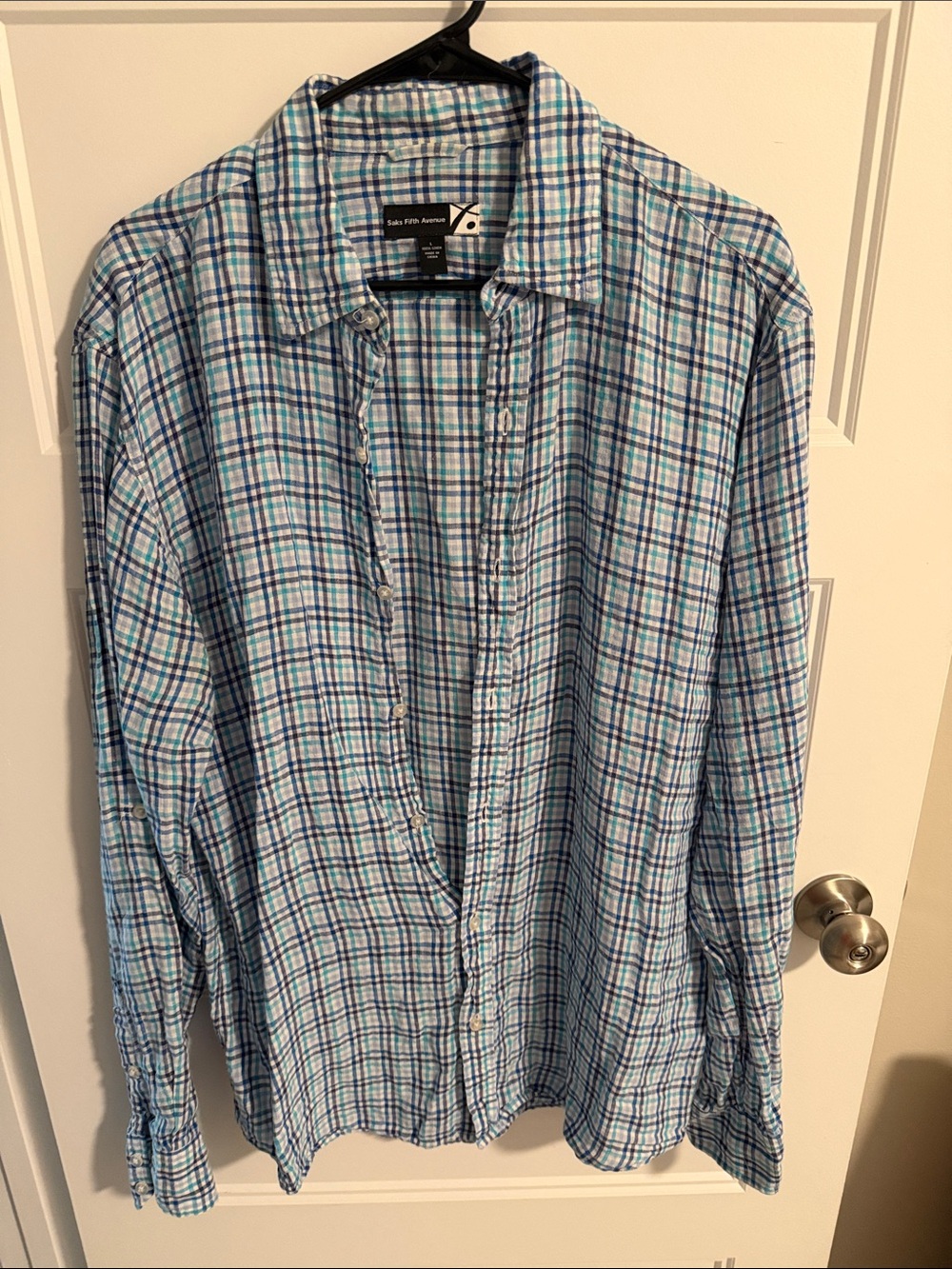 Saks Fifth Avenue Blue and Green Plaid Button-Down Shirt
